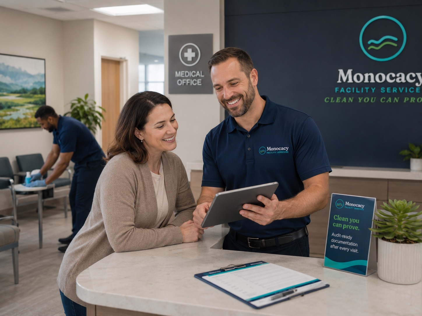 A Monocacy Facility Services team member reviewing a visit's cleaning documentation on a tablet with a medical office manager at the front desk, while a second team member disinfects the waiting area.