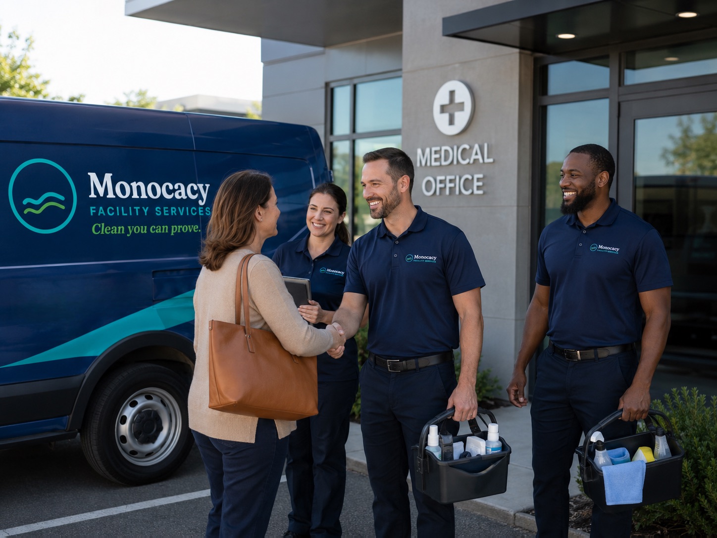 A Monocacy Facility Services team greeting a practice manager outside a Frederick medical office at the start of a facility walkthrough.